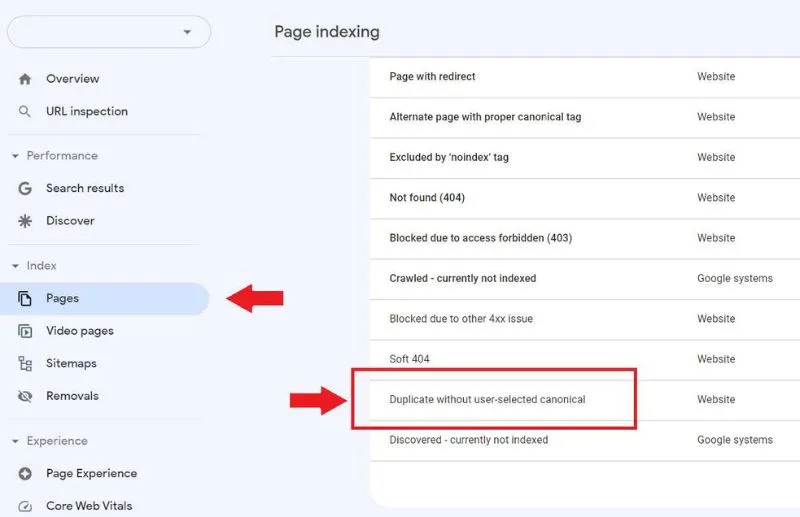 giao diện index nội dung của Google Search Console