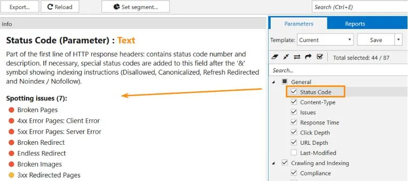 trường Parameters và mục Status code