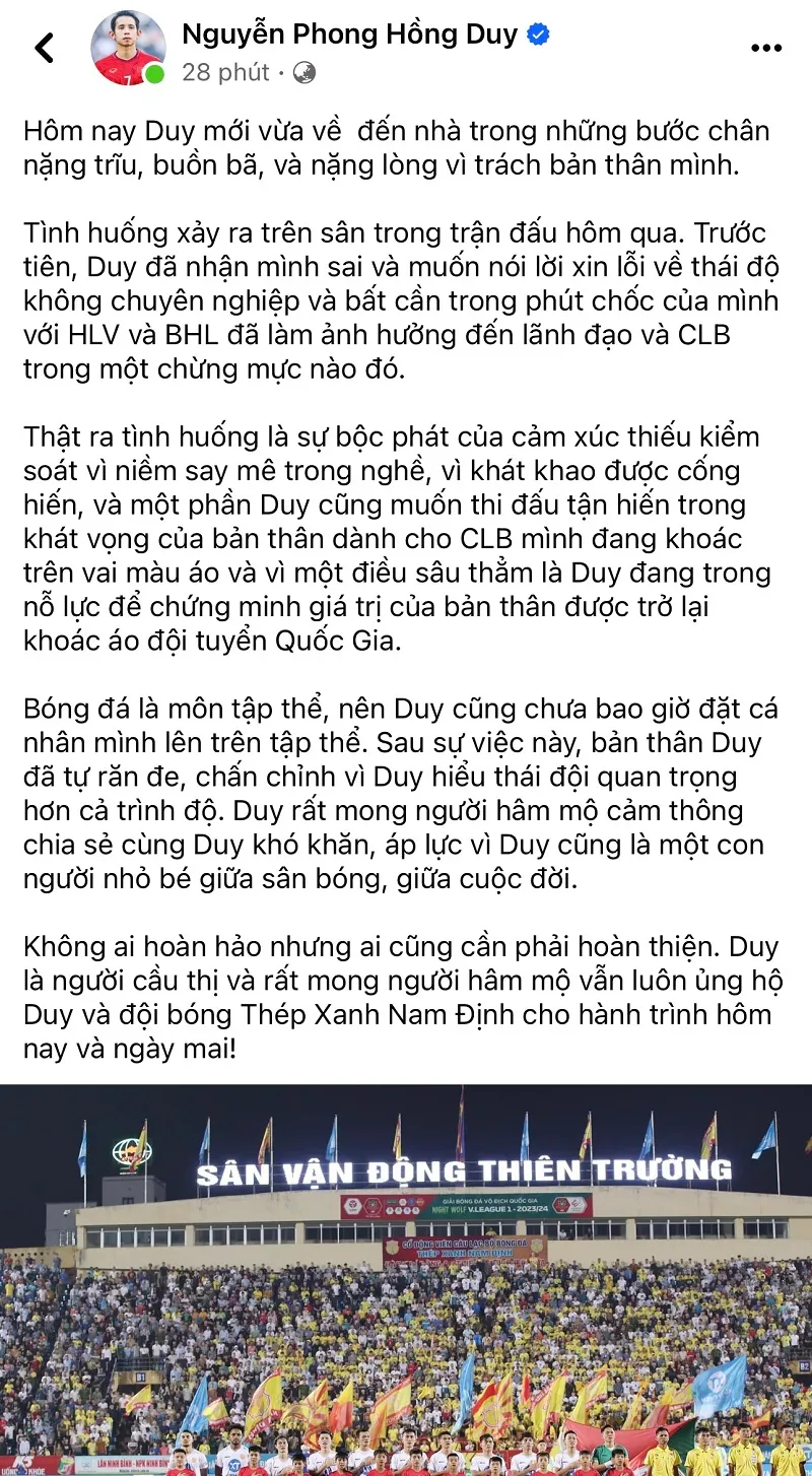 Hồng Duy viết tâm thư nhận lỗi sau hành động thiếu chuyên nghiệp với HLV Vũ Hồng Việt