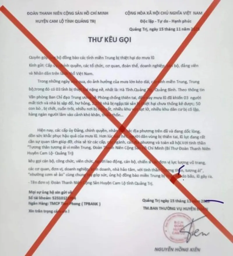 Giả mạo đoàn thanh niên kêu gọi ủng hộ miền Trung thiệt hại do mưa lũ 1