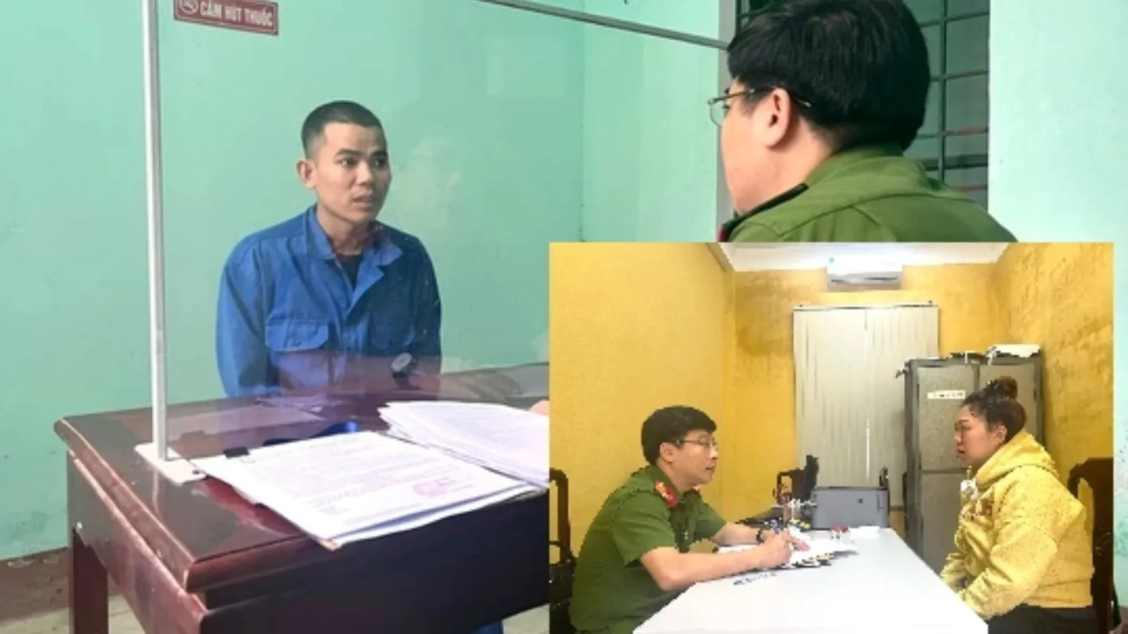 (Hương (áo vàng) và Nhơn (áo xanh) tại cơ quan công an - Ảnh: công an cung cấp 