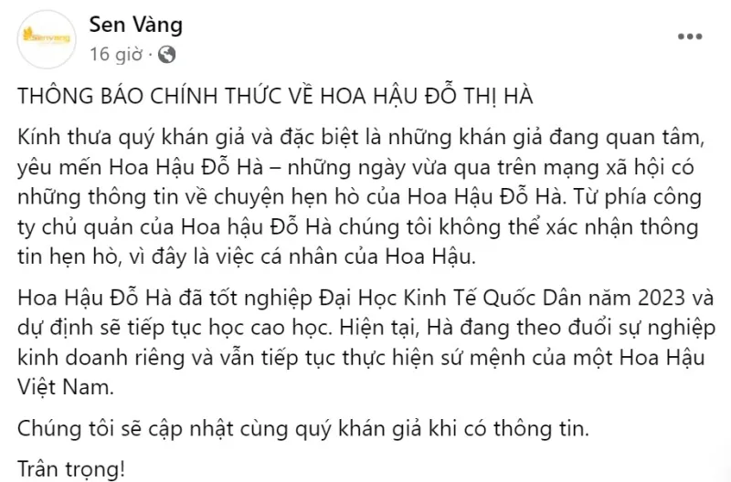 Sen Vàng lên tiếng phản hồi chuyện hẹn hò của Hoa hậu Đỗ Thị Hà 2