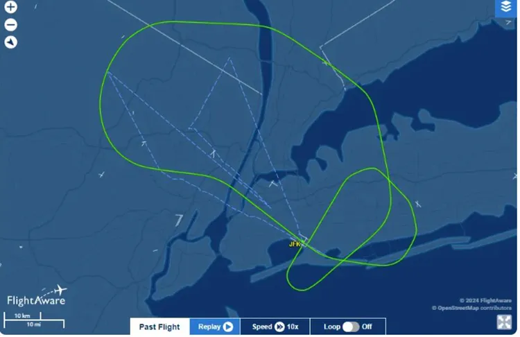 Đường bay của chuyến bay Delta 520 gặp sự cố liên quan đến cầu trượt thoát hiểm khẩn cấp vào ngày 26 tháng 4 năm 2024.  Nguồn FlightAware.com