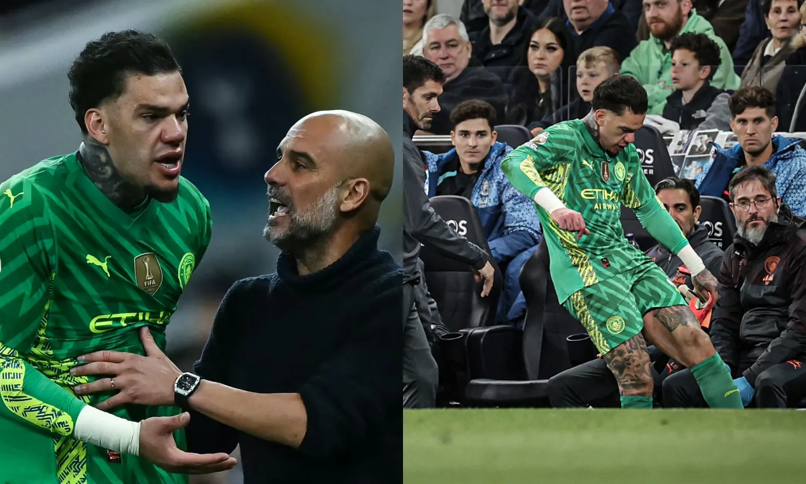 Ederson chống đối Pep, sút mạnh xuống sân và ném găng tay giận dỗi