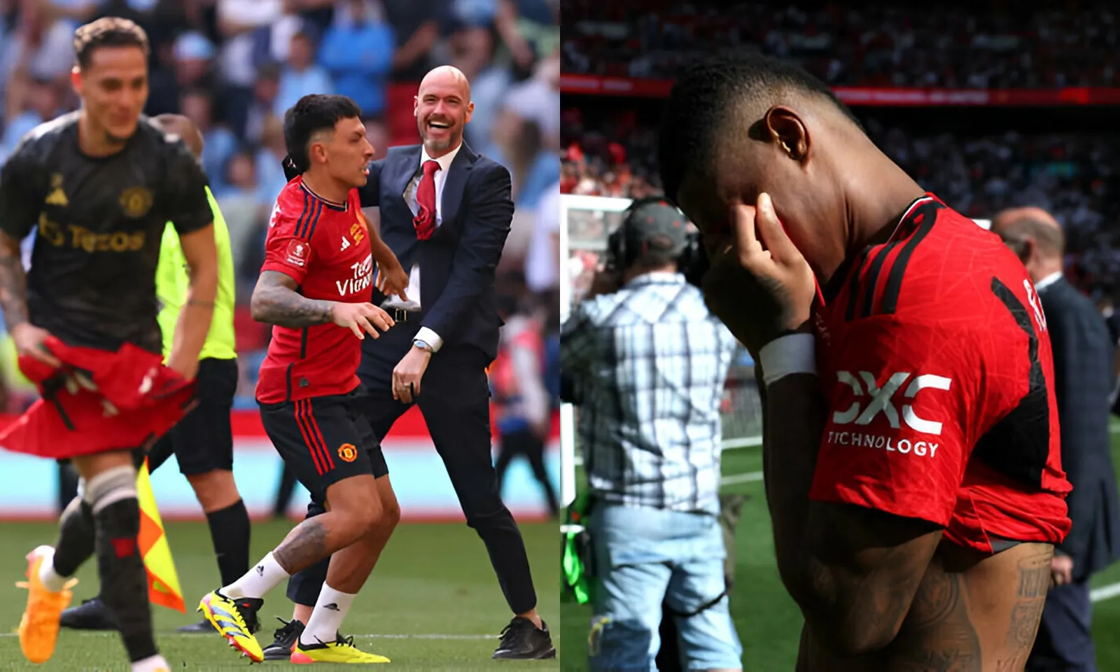 CHÙM ẢNH MU ăn mừng chức vô địch FA Cup: Ten Hag được học trò nhấc bổng | Rashford rơi lệ