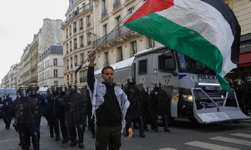 Người biểu tình ở Pháp vẫy cờ Palestine ngày 270524 AFP