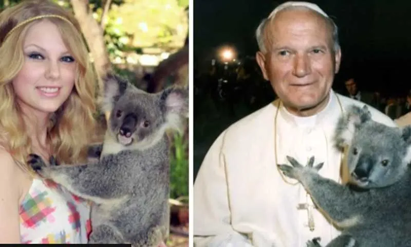 Taylor Swift và Giáo hoàng John Paul II đang bế những chú gấu túi Lone Pine