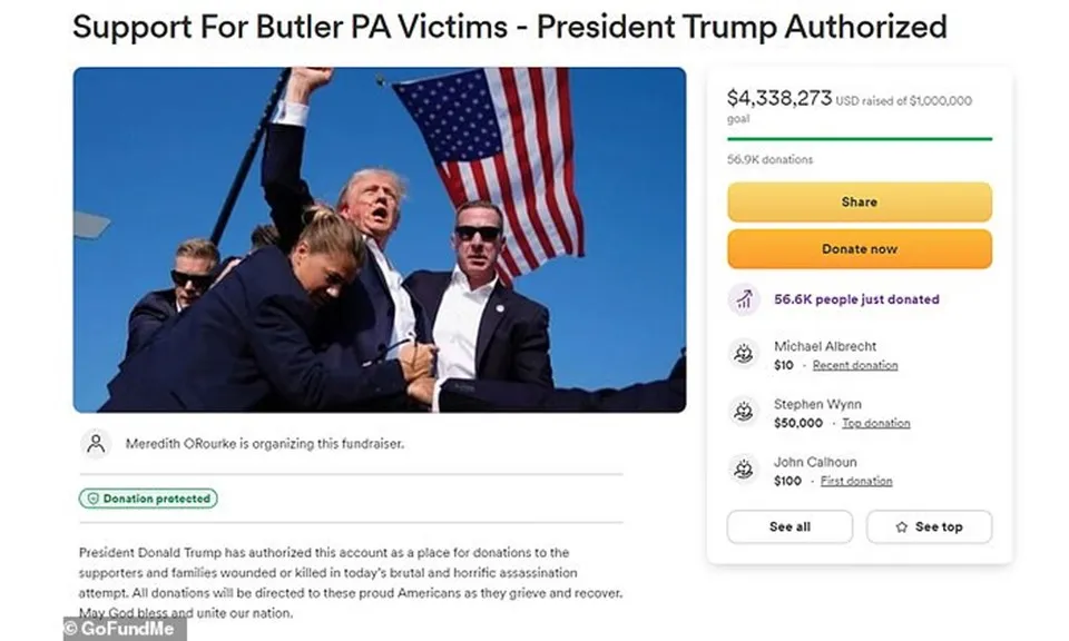 Quyên góp hơn 4 triệu USD cho các nạn nhân vụ ám sát ông Donald Trump ở Pennsylvania