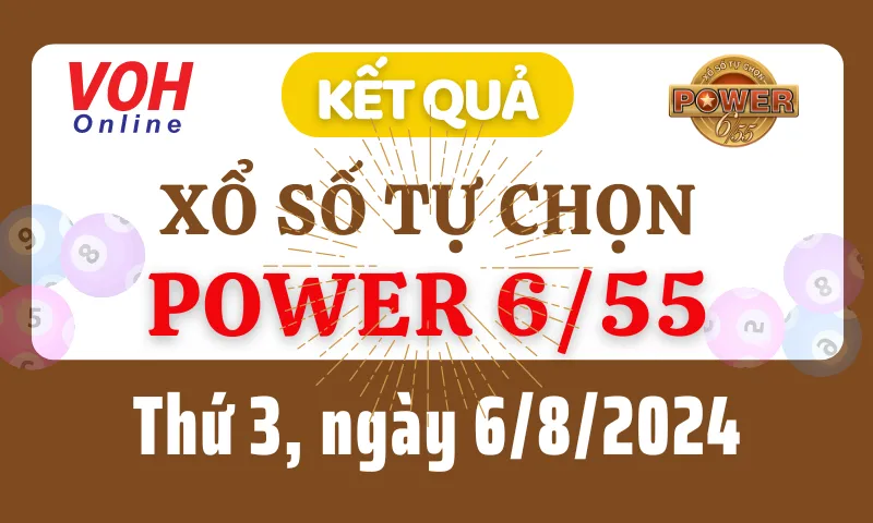 Vietlott POWER 655 6/8 - Kết quả xổ số Vietlott hôm nay thứ 3 6/8/2024