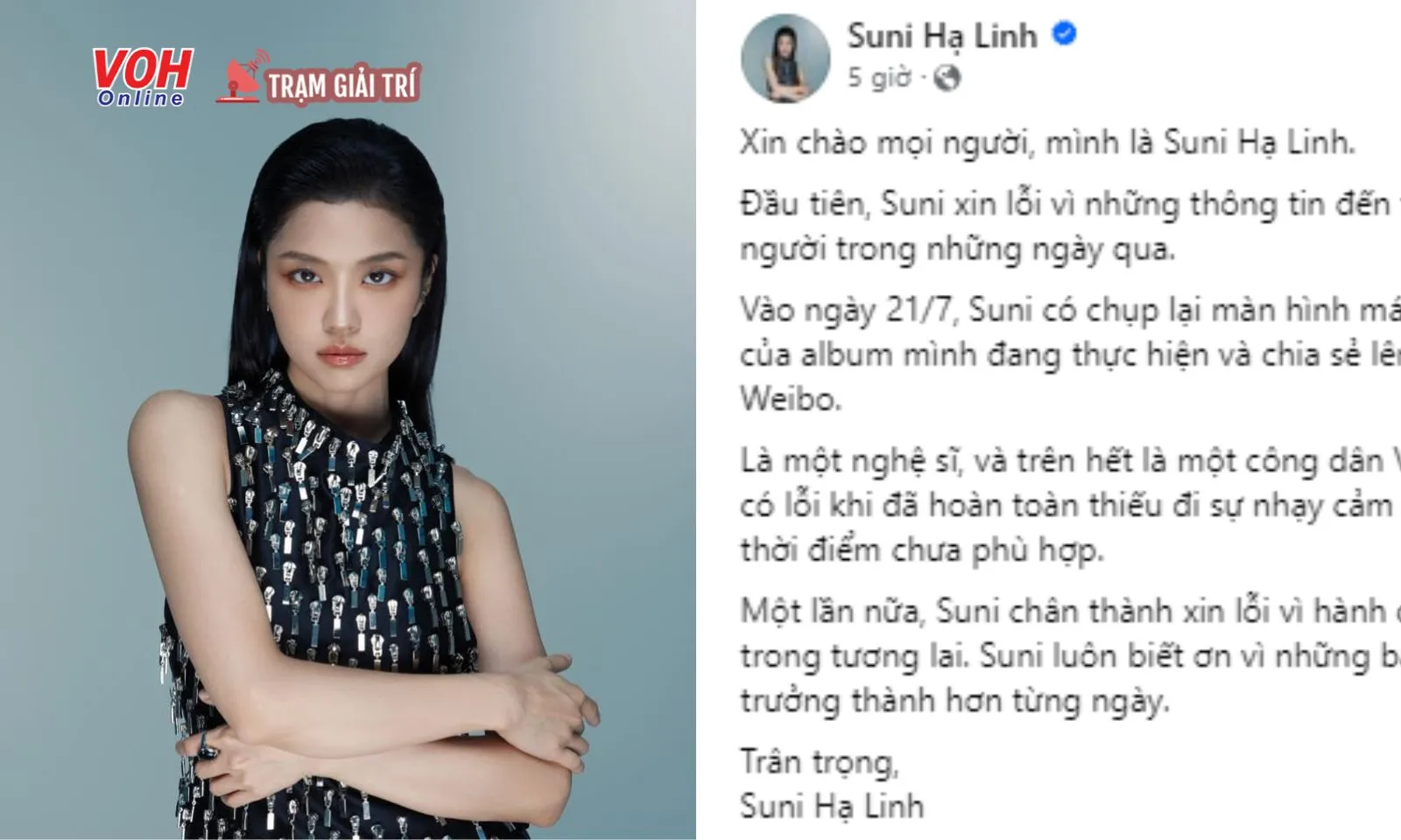 Suni Hạ Linh lên tiếng xin lỗi vì bài đăng khiến công chúng phẫn nộ