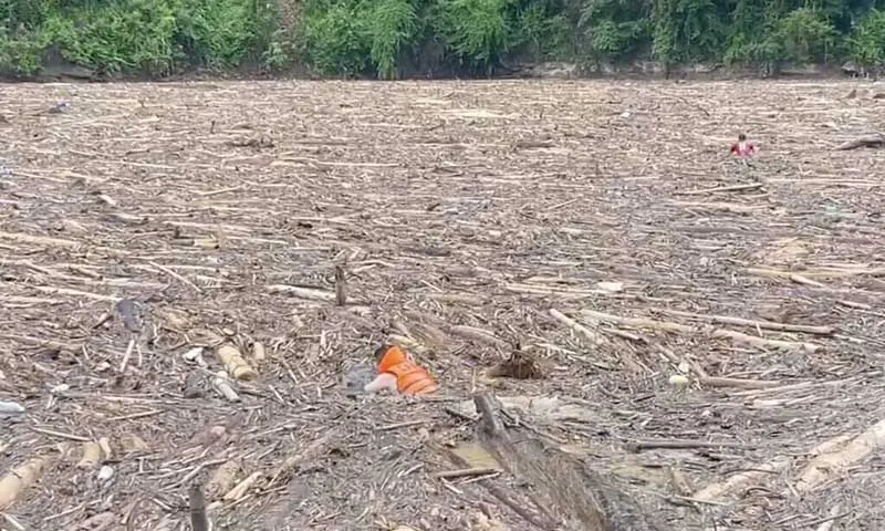 Công an huyện Mường Chà (Điện Biên) gạt củi, rác, bùn đất bơi giữa lòng hồ tìm kiếm nạn nhân bị lũ quét cuốn trôi. Ảnh Công an Mường Chà.