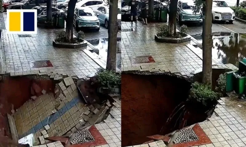 Video: Vỉa hè bất ngờ sụt lún tạo ‘hố tử thần’ khổng lồ giữa phố