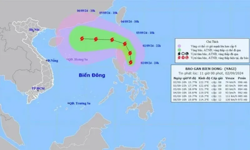 Tối mai 3/9, Bão Yagi giật cấp 11 dự kiến đổ bộ vào Biển Đông 