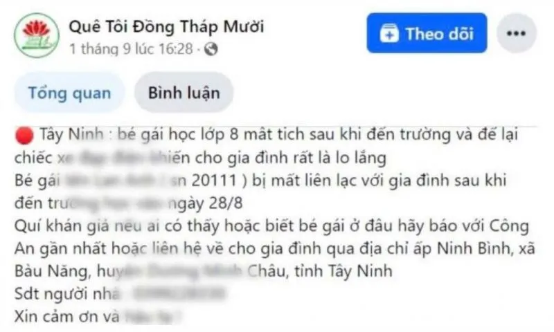 Tây Ninh: Thông tin học sinh lớp 8 mất tích nghi bị bắt cóc là không chính xác