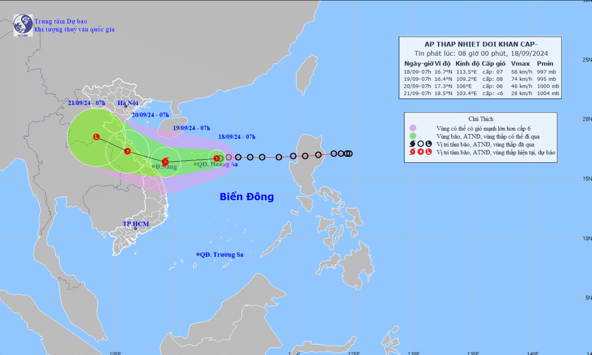 Áp thấp nhiệt đới có khả năng mạnh lên thành bão, hướng thẳng Quảng Bình – Đà Nẵng