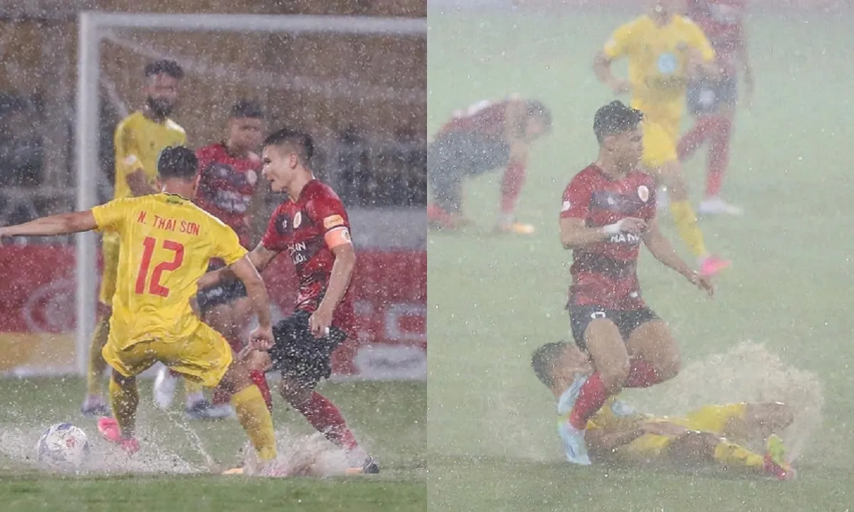 Mưa to và sấm chớp, trận đấu giữa Công An Hà Nội vs Thanh Hóa gián đoạn hơn 30 phút
