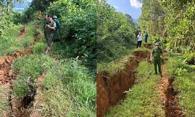 Khu vực xuất hiện các vết nứt, sụt lún do thiên tai khiến hàng trăm người dân ở Hòa Bình phải di dời khẩn cấp. Ảnh UBND huyện Lạc Sơn.