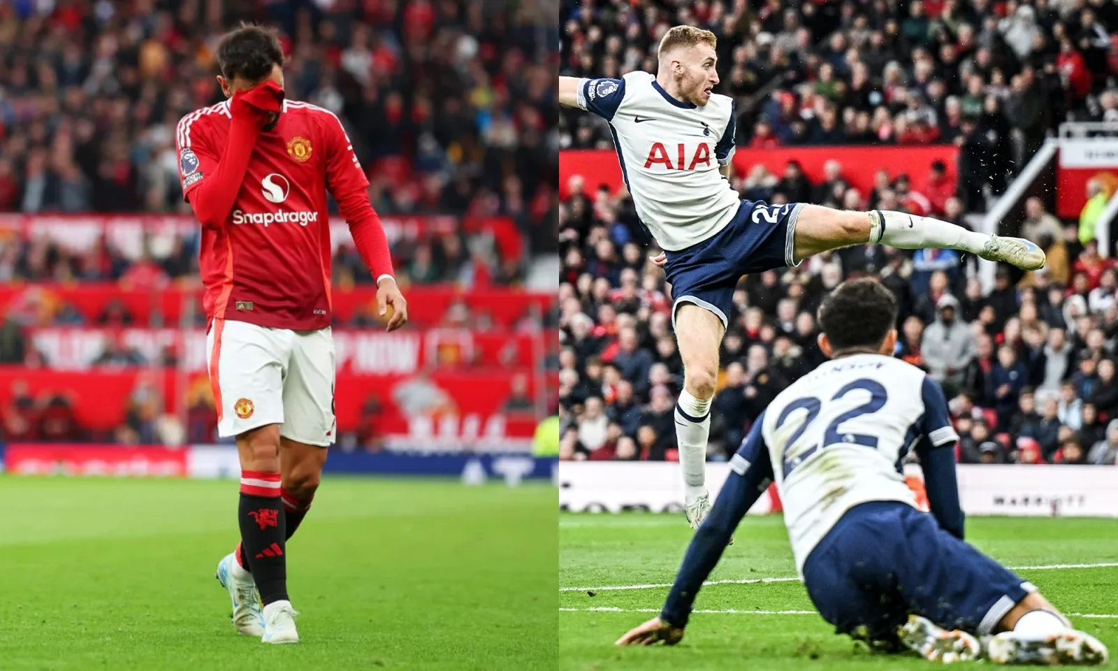 Bruno dính thẻ đỏ, MU bị Tottenham hành hạ ngay trên Old Trafford