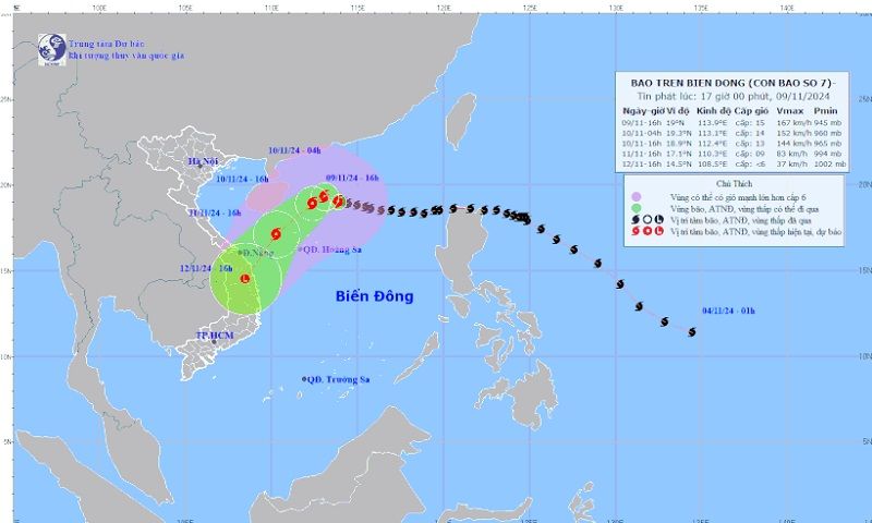 Dự kiến sáng 10/11, bão số 7 sẽ chuyển hướng, di chuyển chậm