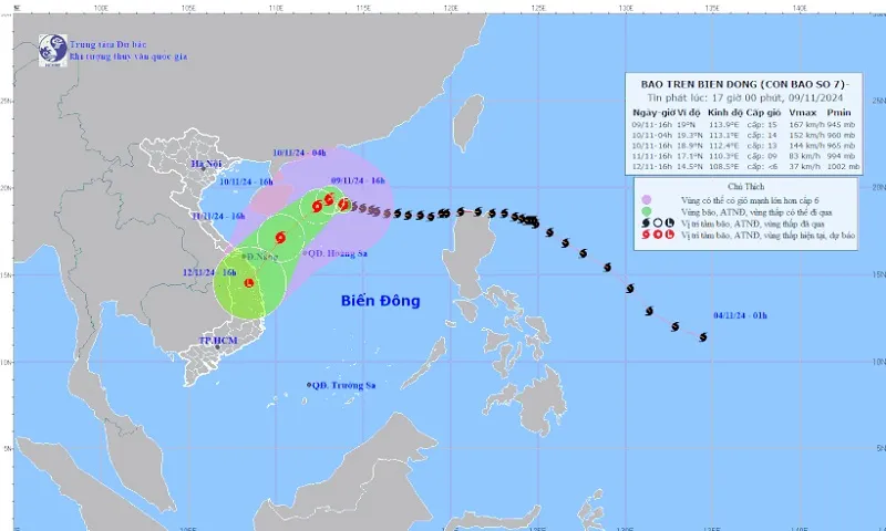 Dự kiến sáng 10/11, bão số 7 sẽ chuyển hướng, di chuyển chậm