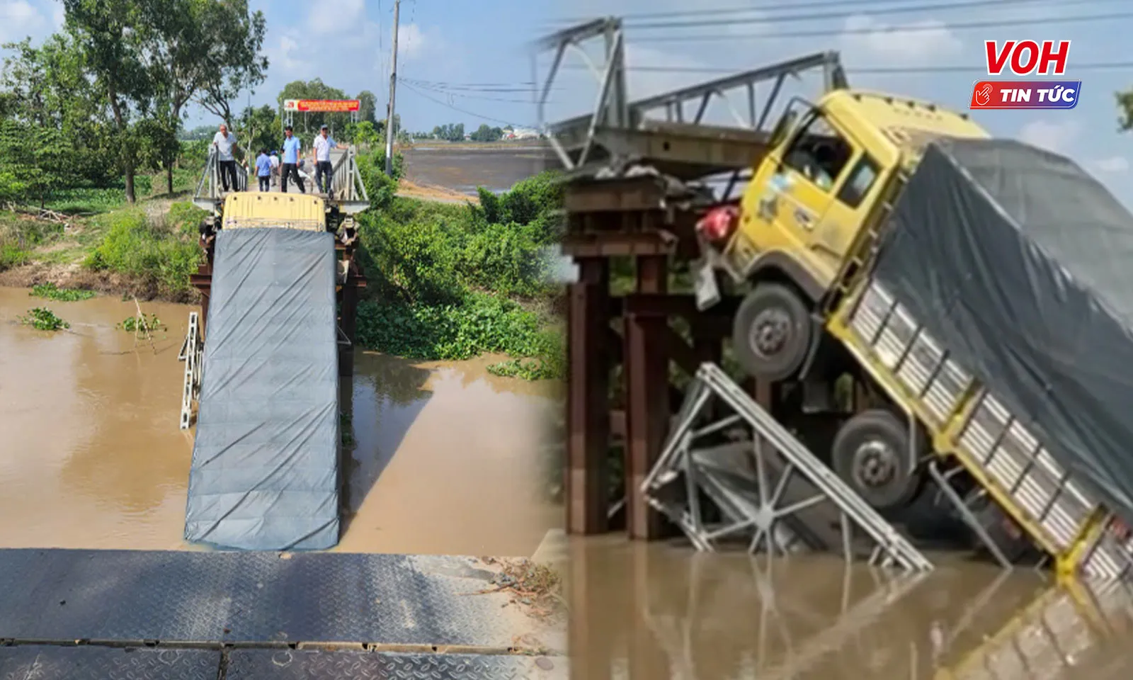 Bất chấp biển báo, xe tải chở 30 tấn gạch làm sập cầu, rơi xuống sông