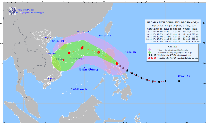 Siêu bão MAN-YI đang hoạt động trên vùng biển phía Đông miền Trung Philippines; dự báo ngày 18 11 bão đi vào biển Đông với cường độ cấp 12, giật cấp 15. Ảnh nchmf.gov.vn