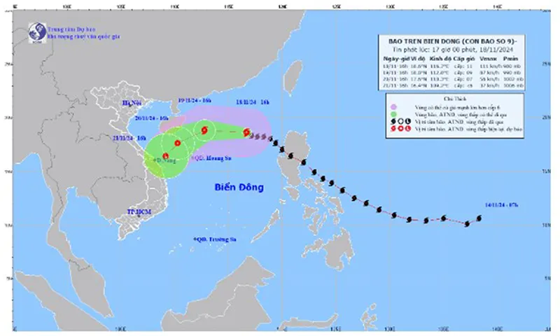 Đường đi của bão số 9 hồi 17h ngày 18 11, theo Trung tâm Dự báo khí tượng thủy văn Quốc gia