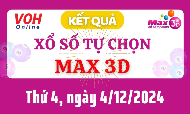 Vietlott MAX 3D 4/12 - Kết quả xổ số Vietlott hôm nay thứ 4 4/12/2024