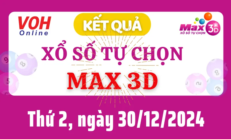 Vietlott MAX 3D 30/12 - Kết quả xổ số Vietlott hôm nay thứ 2 30/12/2024