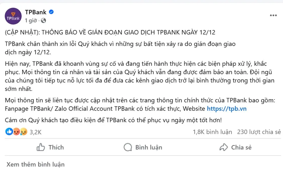 TPBank xin lỗi khách hàng vì lỗi app, giao dịch tắc nghẽn
