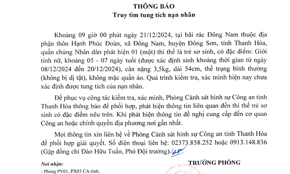 Phát hiện thi thể bé gái sơ sinh 6-7 ngày tuổi tại bãi rác ở Thanh Hóa