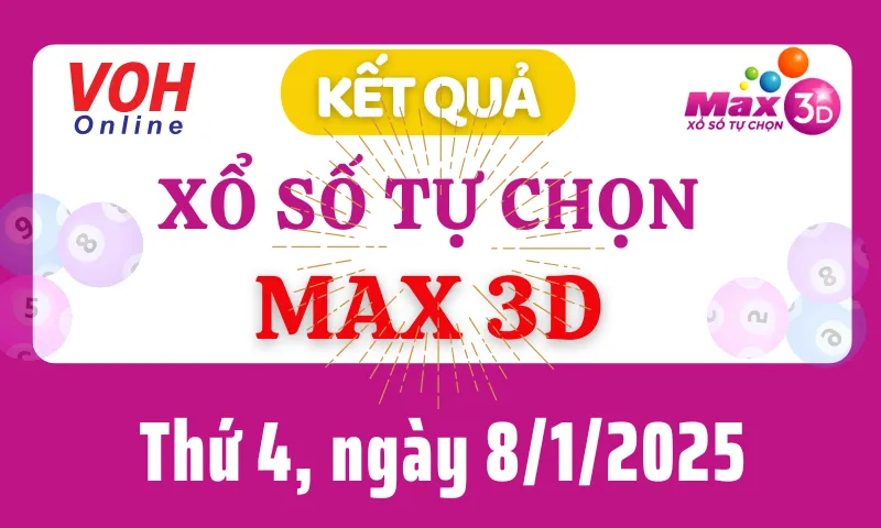 Vietlott MAX 3D 8/1 - Kết quả xổ số Vietlott hôm nay thứ 4 8/1/2025