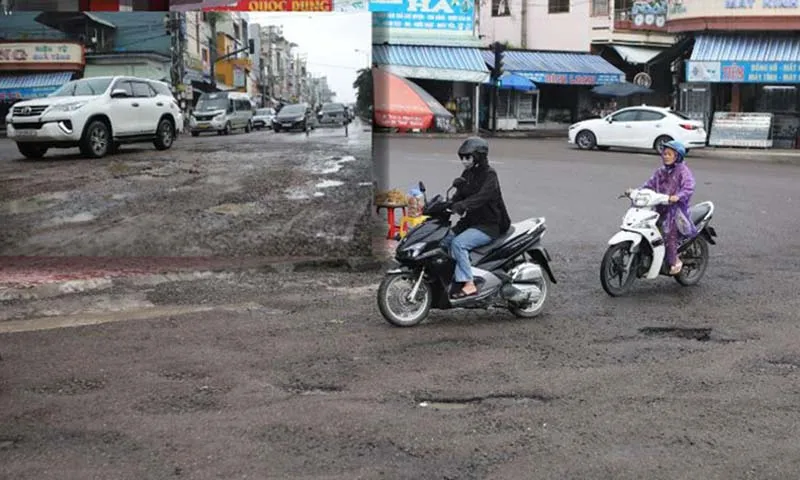 QL1A qua thị trấn Diêu Trì (huyện Tuy Phước) vẫn chi chít ổ gà, sỏi đá sau khắc phục