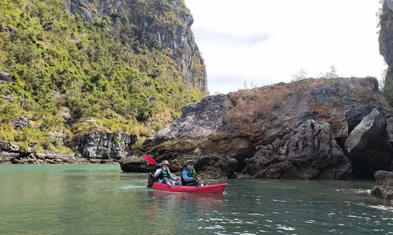 2 du khách triệu phú Mỹ chèo thuyền kayak khám phá vịnh Hạ Long.