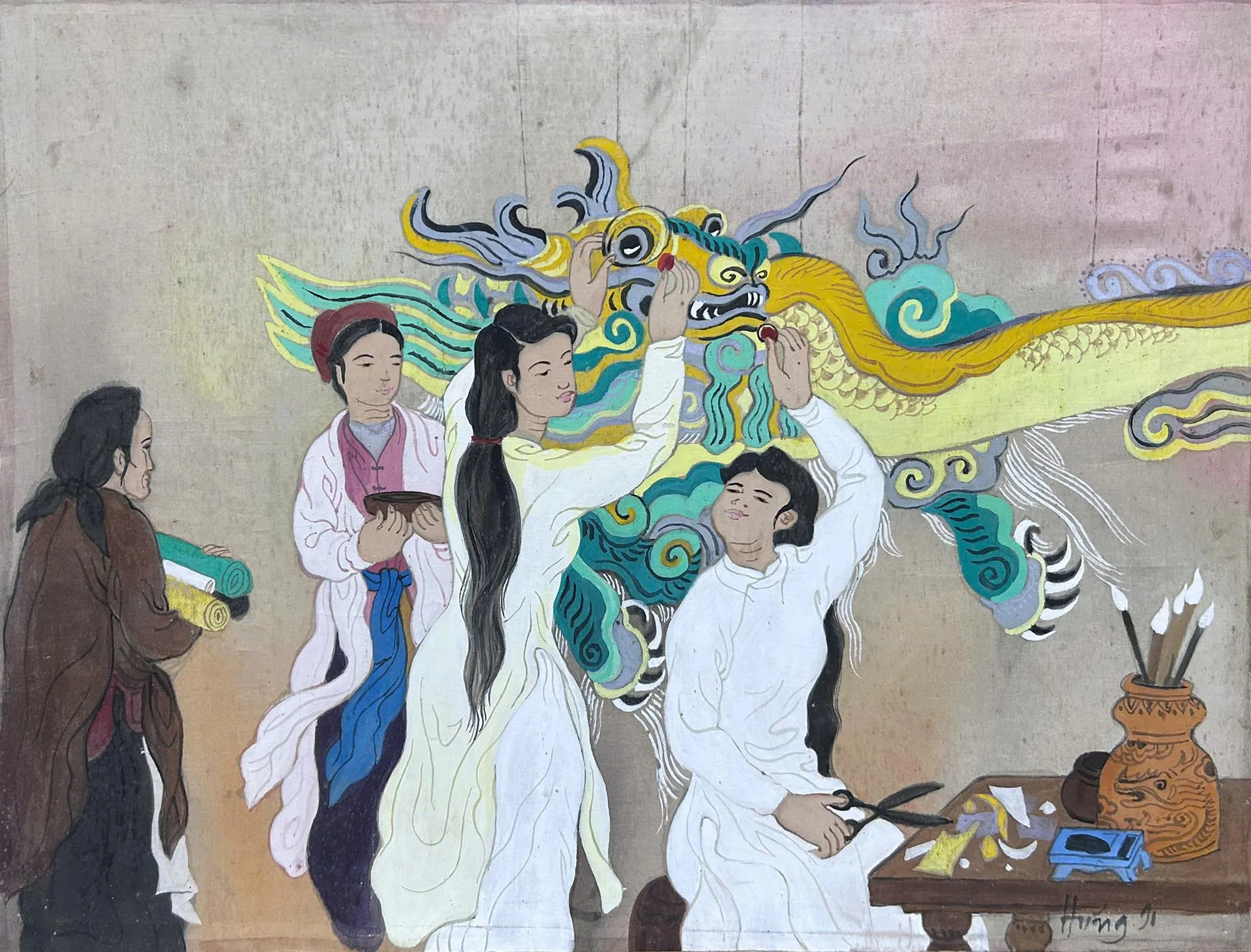 nghiem-xuan-hung-lam-dau-rong-making-dragon-head-lua-silk-33x42cm-1991