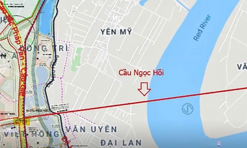 Vị trí xây dựng cầu Ngọc Hồi nối huyện Thanh Trì (Hà Nội) với huyện Văn Giang (Hưng Yên)