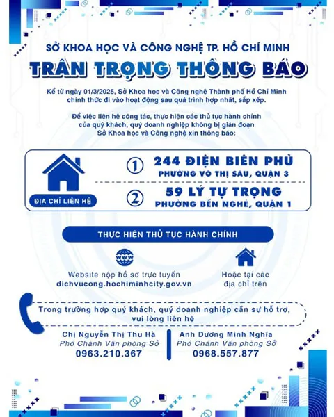 Sở Khoa học và Công nghệ TPHCM thông tin đầu mối giải quyết thủ tục hành chính từ 1 3