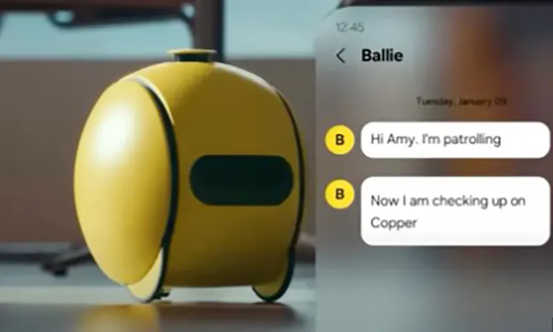 Robot lăn này có màu vàng gồm có máy chiếu, loa và micrô tích hợp 