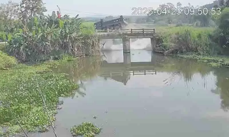 Xe ben đâm gãy lan can cầu rơi xuống sông