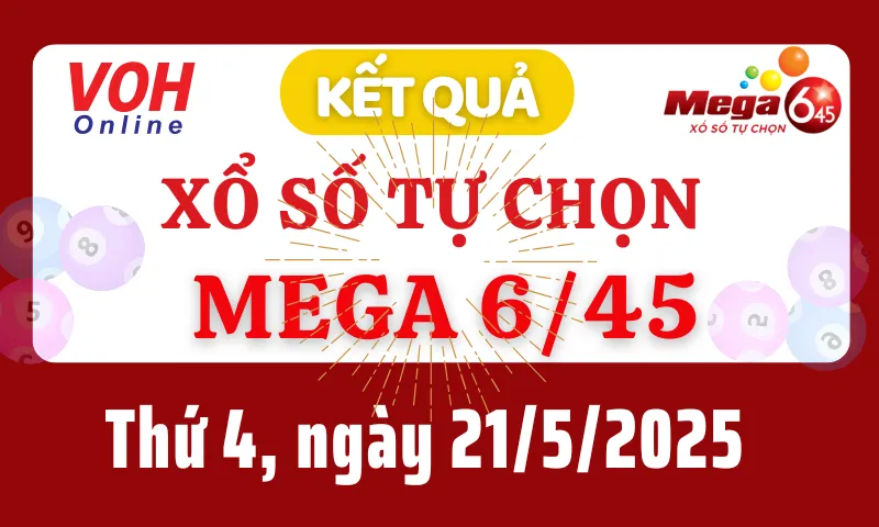 Vietlott MEGA 645 21/5 - Kết quả xổ số Vietlott hôm nay thứ 4 21/5/2025