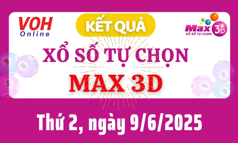 Vietlott MAX 3D 9/6 - Kết quả xổ số Vietlott hôm nay thứ 2 9/6/2025