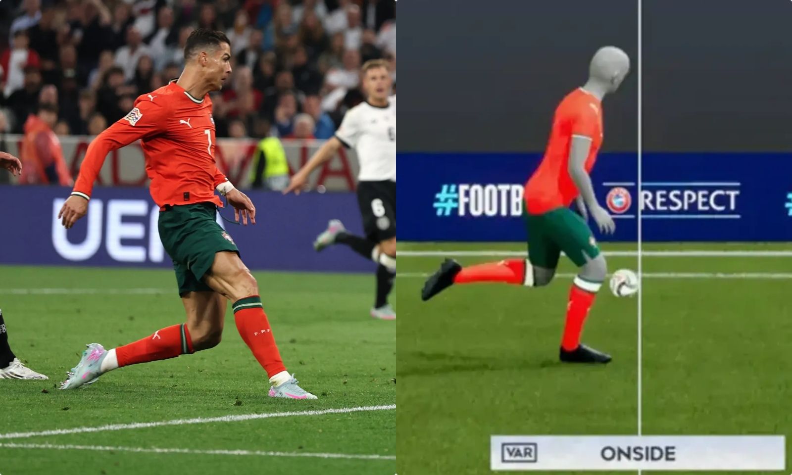 Hình ảnh chứng minh Ronaldo không việt vị khi ghi bàn tung lưới tuyển Đức