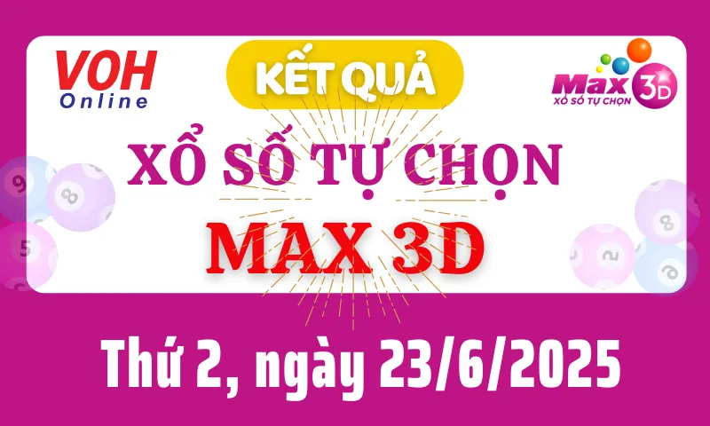 Vietlott MAX 3D 23/6 - Kết quả xổ số Vietlott hôm nay thứ 2 23/6/2025