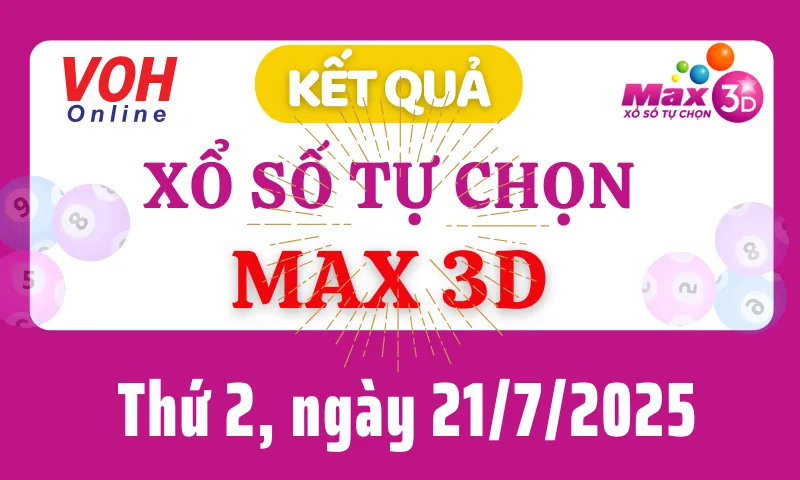 Vietlott MAX 3D 21/7 - Kết quả xổ số Vietlott hôm nay thứ 2 21/7/2025