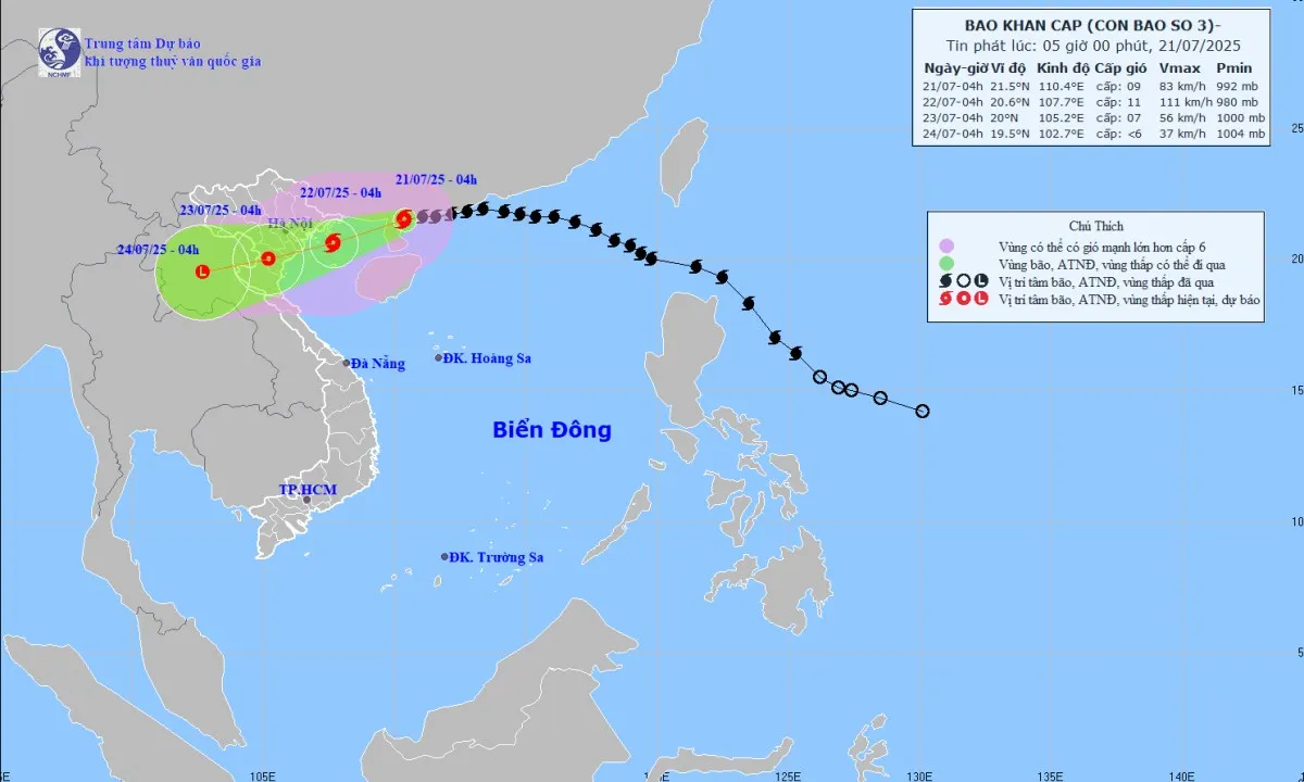 Bão số 3 trưa nay vào vịnh Bắc Bộ, cường độ giật cấp 14