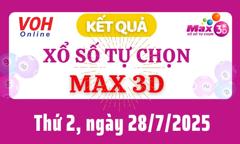 Vietlott MAX 3D 28/7 - Kết quả xổ số Vietlott hôm nay thứ 2 28/7/2025