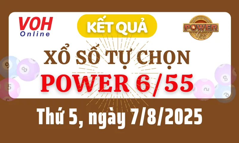 Vietlott POWER 655 7/8 - Kết quả xổ số Vietlott hôm nay thứ 5 7/8/2025