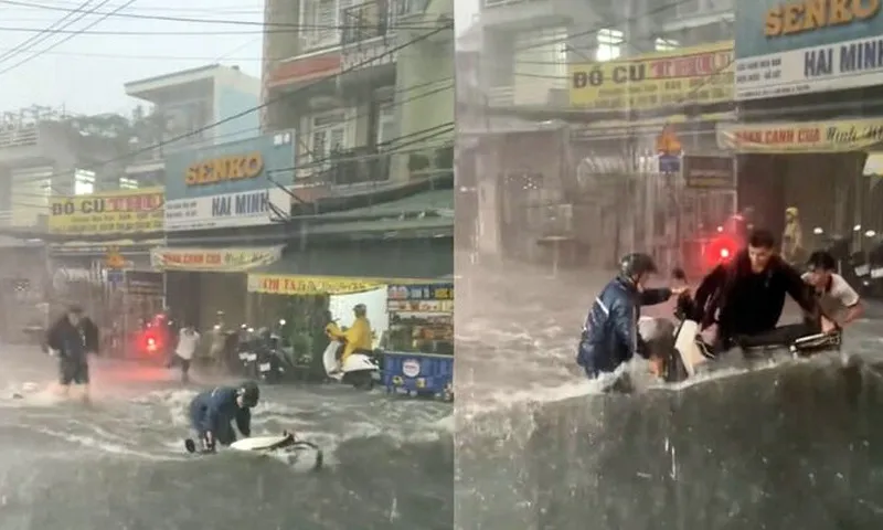 Tình người giữa dòng nước lũ: Xúc động cảnh người lạ lao ra cứu tài xế xe máy giữa mưa ngập