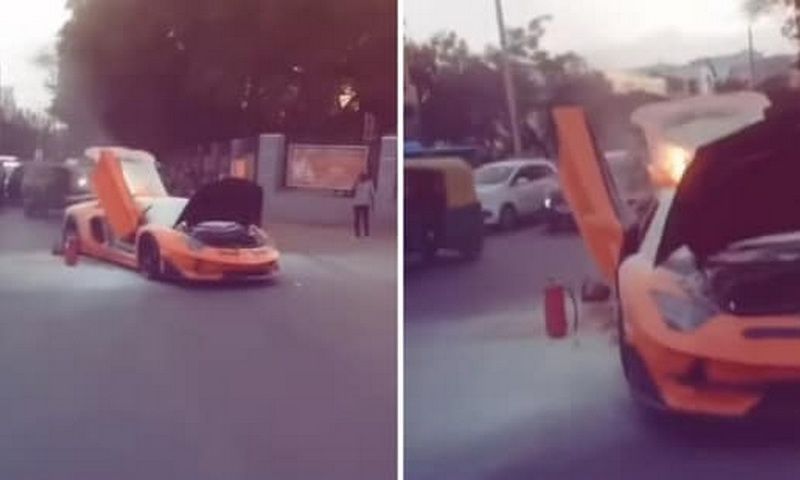 Siêu xe Lamborghini bốc cháy dữ dội trên đường phố Bengaluru