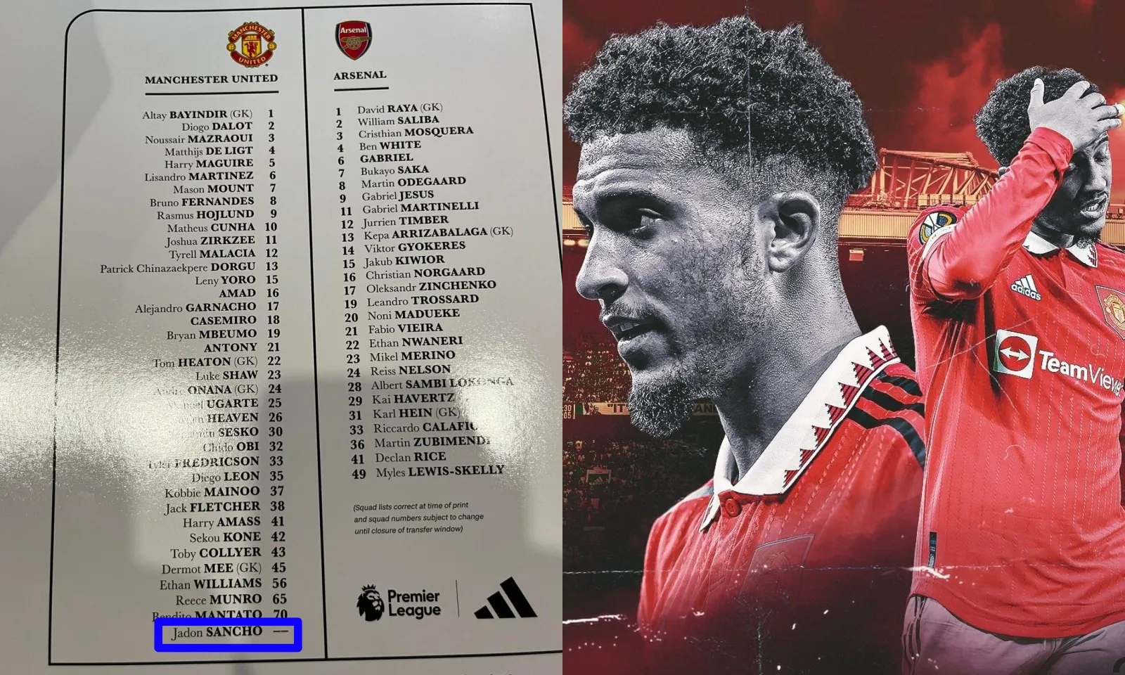 Sancho xuất hiện độc lạ trong danh sách MU đụng độ Arsenal